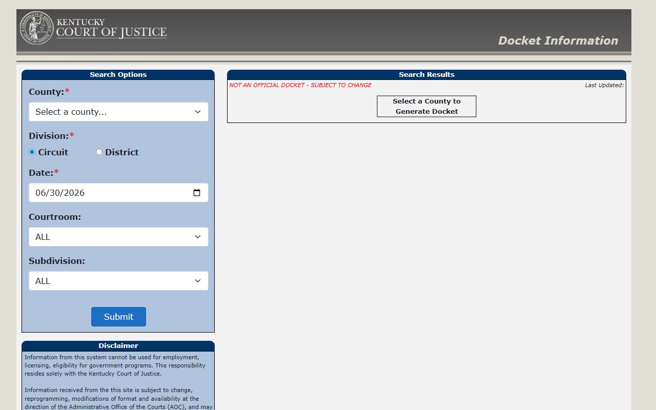 Owsley County court docket search fields