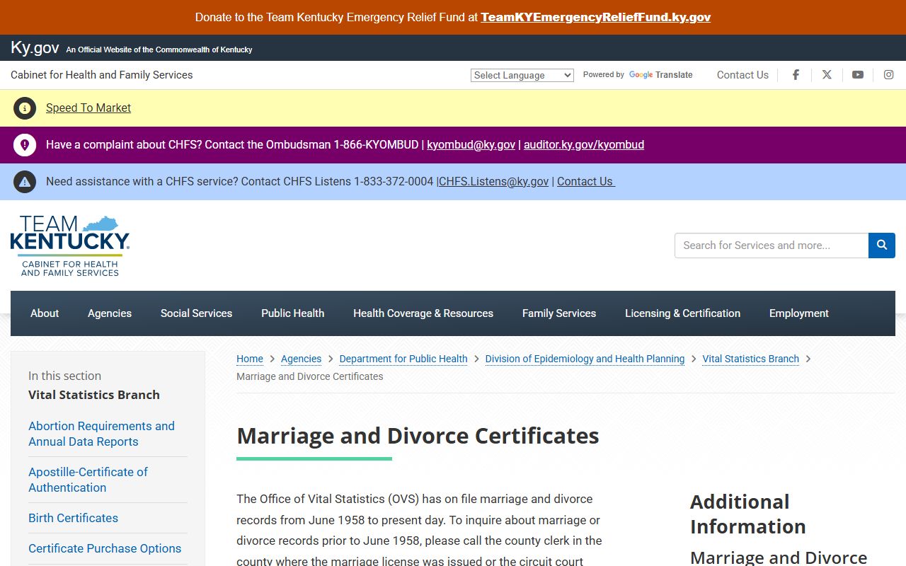 Owsley County divorce records Kentucky marriage and divorce certificate request page