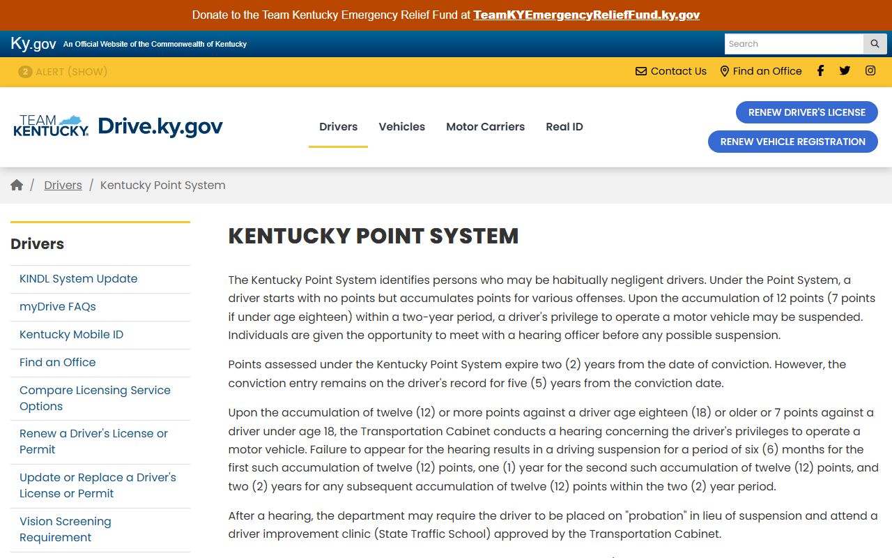 Owsley County traffic court records Kentucky driver point system page