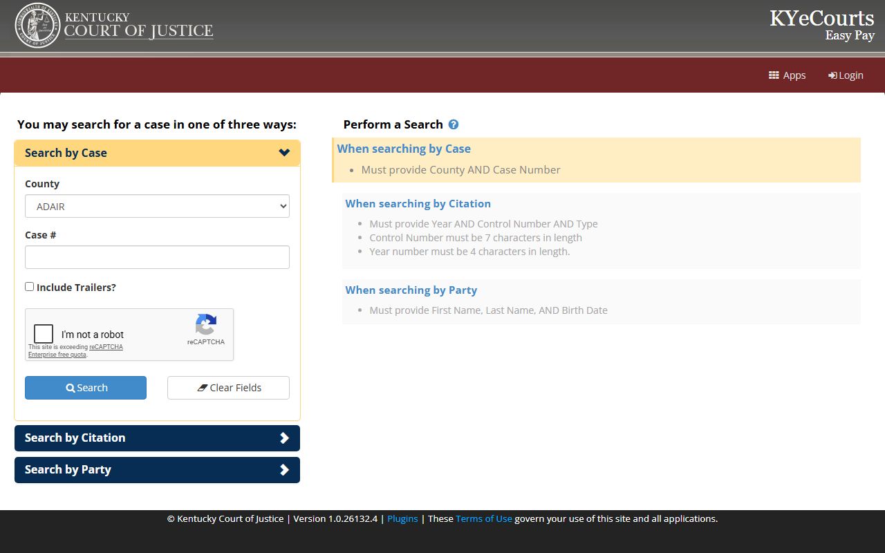 Owsley County traffic court records Kentucky ePay citation search page