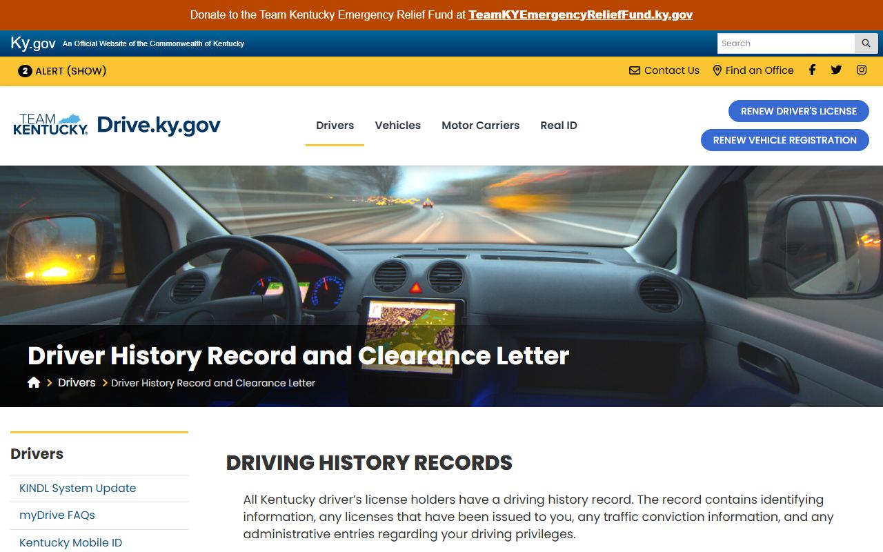 Owsley County traffic court records Kentucky Transportation Cabinet driver history page