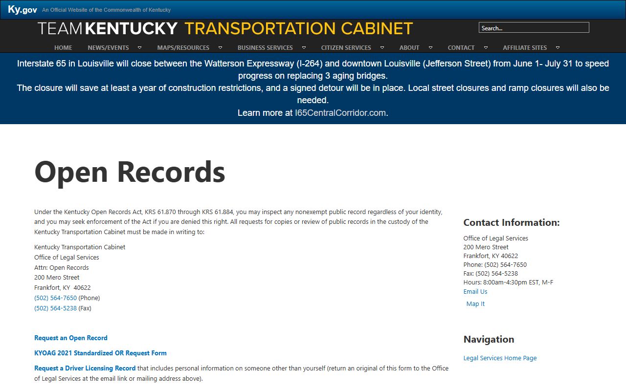 Owsley County traffic court records Kentucky Transportation Cabinet open records page