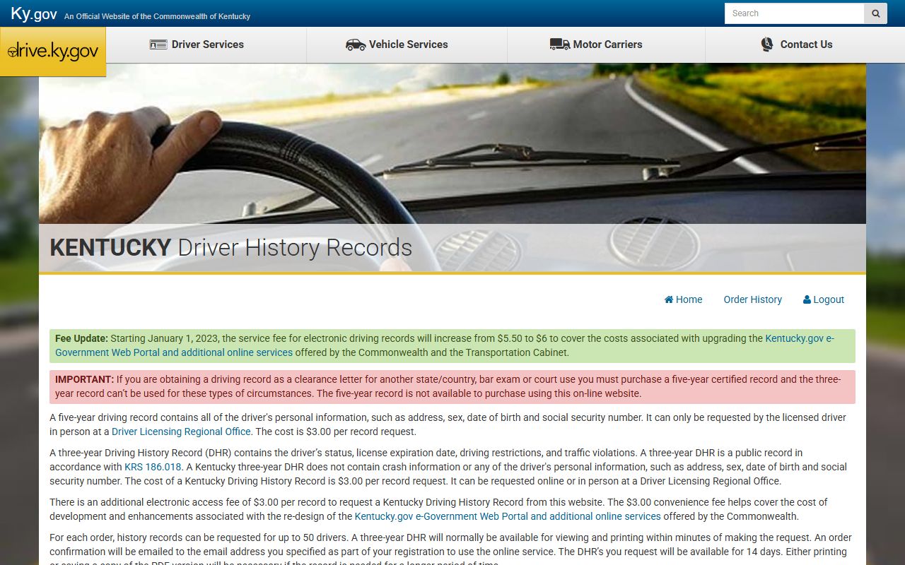 Owsley County traffic court records Kentucky.gov three-year driver history portal